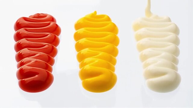 Tomato Ketchup, Mustard and Mayonnaise Sauces Flowing on White Background