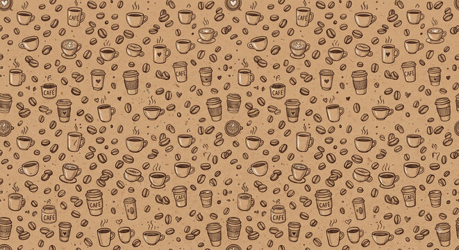 Seamless Pattern Coffee Beans and Cups Kraft Background