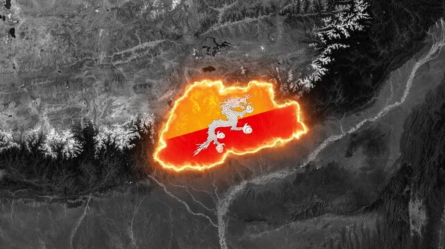 3D Dark Satellite Map Animation Highlighting Bhutan with Flag Fill and Waving National Flag