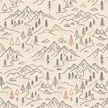 Seamless Minimalist Line Art Mountains Pine Trees Pattern