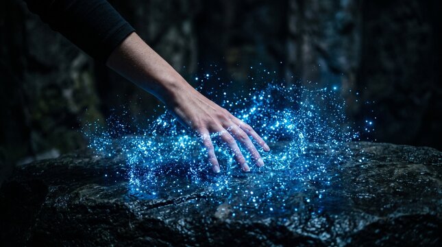 Hand reaching into a sparkling field of blue glowing particles on a dark, mysterious surface.