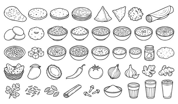 Indian food, traditional dishes, spices, and beverages line art vector icons set isolated on white background