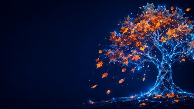 Abstract glowing tree with digital autumn leaves fall season abstract particle woodland artistic illustration background luminous ethereal landscape contrast.fall season