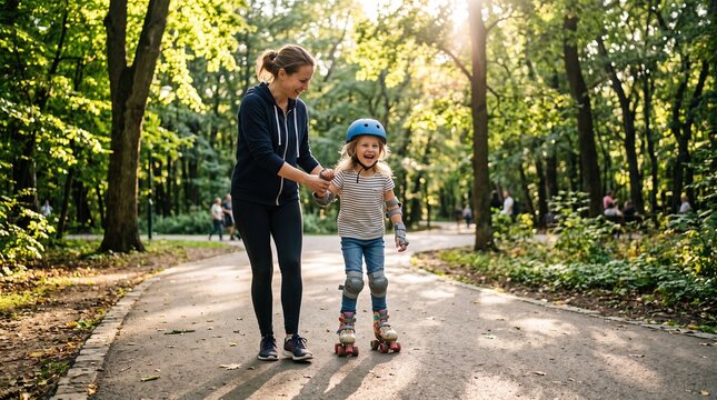 Parent helping child learn roller skating in park. Concept of sports lessons, protective gear, active parenting and summer recreation programs.