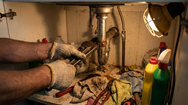 Plumber fixing a leaking sink pipe using tools and cleaning supplies beneath the kitchen cabinet