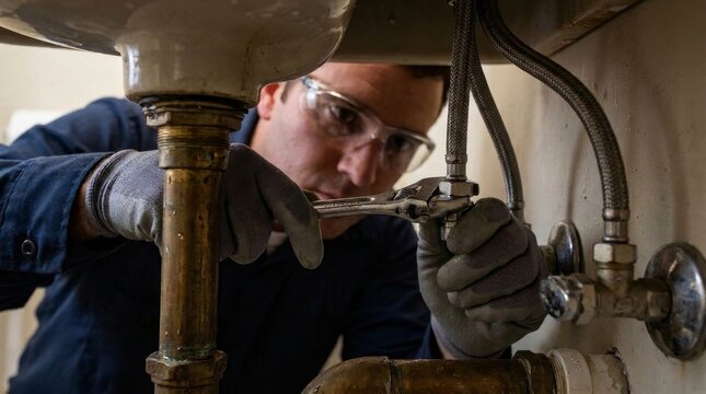 Professional plumber repairing plumbing pipes beneath kitchen sink using a wrench and wearing appropriate safety equipment