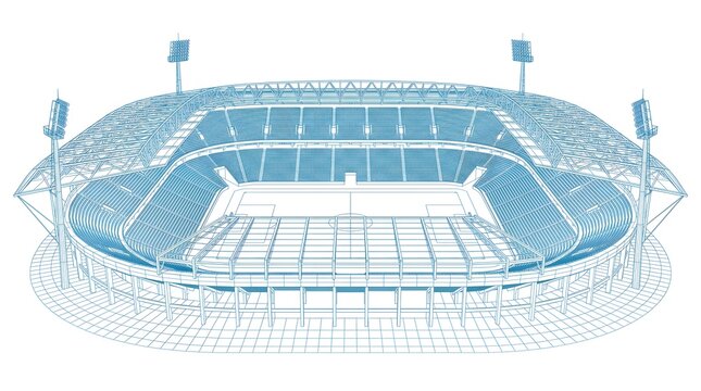 Football stadium blueprint wireframe illustration, sports arena architecture concept.