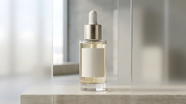 Elegant golden dropper bottle of luxury skincare serum on minimalist marble surface mockup