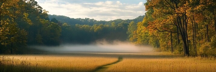Obraz premium Early Morning Autumn Fog Sweeping Oer A Solitary Serene Golden Meadow Surrounded By Forest Trees.