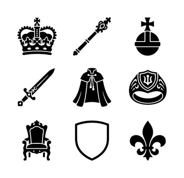 Royal Regalia Icons Set: Crown, Scepter, Orb, Sword, Cape, Ring, Throne, Shield, Fleur-de-lis Vector Graphics for Heraldry and Royalty Themes