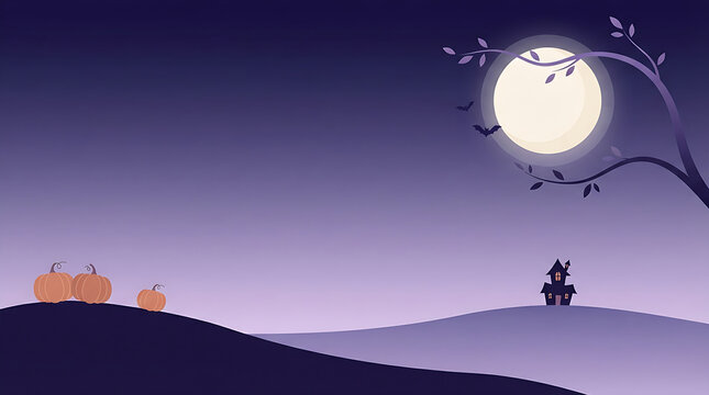 Minimalist halloween landscape with cute pumpkins on grassy hill under giant full moon and silhouettes of creepy tree plus haunted house at night for festive seasonal holiday desktop background.