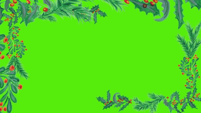 Animated Christmas Foliage Border Frame with Pine Branches and Holly Berries on Green Screen Background Loop