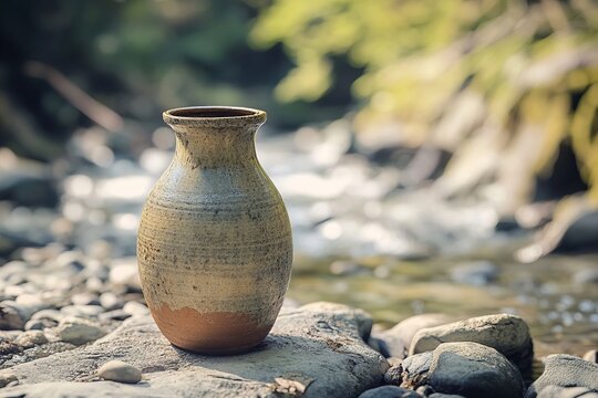 Rustic Ceramic Vase Resting on Natural Stones Near a Flowing Stream Under Soft Golden Morning Sun.