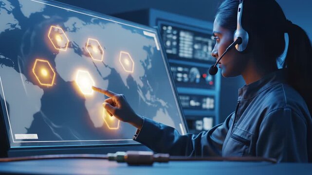 Woman dispatcher touches hexagon icons on world map screen in control room. Dispatcher with headset points at glowing map. Woman operator touches screen hexagon. Control room dispatcher working.