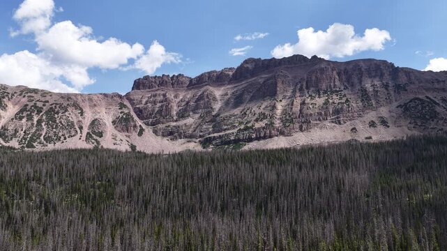 Aerial of Uinta Wasatch Cache National Forest mountains and forest in Utah with prominent cliffs and ridge line under a blue sky in summer