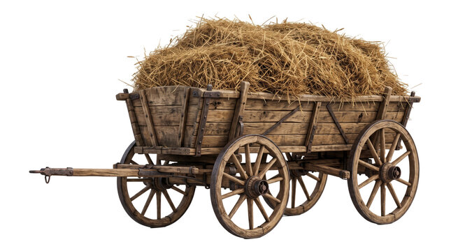Rustic wooden hay cart loaded with loose hay.