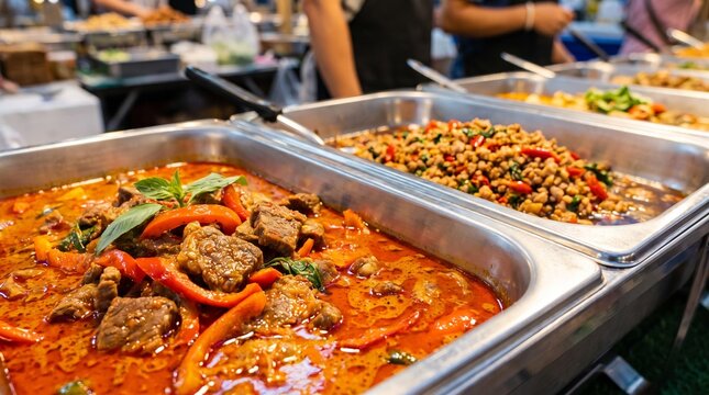 Stainless steel buffet catering trays with delicious Thai dishes including red curry and Pad Krapow.