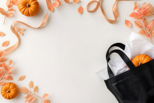 Halloween shopping flat lay with black bag and pumpkins