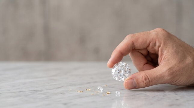 Person holding large brilliant cut diamond above scattered gold flakes on polished marble surface with marble table sprinkled gemstone above white
