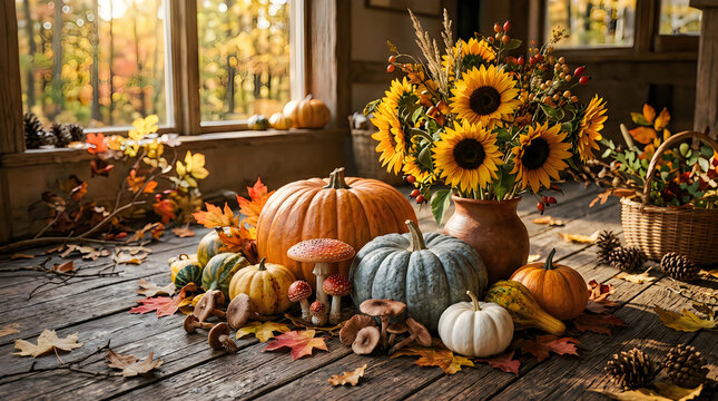 Autumn pumpkins and sunflowers arrangement on wooden porch with fall decor