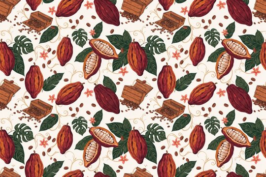 Seamless pattern with hand drawn cocoa pods, open cacao fruits, tropical leaves, wooden crates and coffee beans on a light beige background