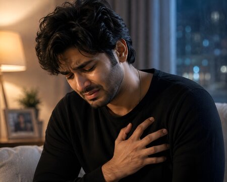 Young man suffering from sudden chest pain and heart attack symptoms sitting at home with emergency suffering heartache clutching discomfort