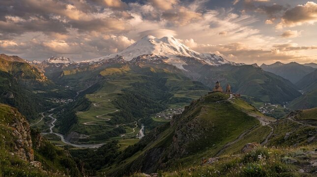 Mountain landscape with ancient church on green hill at sunset