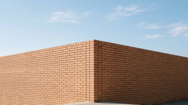 Minimalist view of a corner brick wall against a clear blue sky.