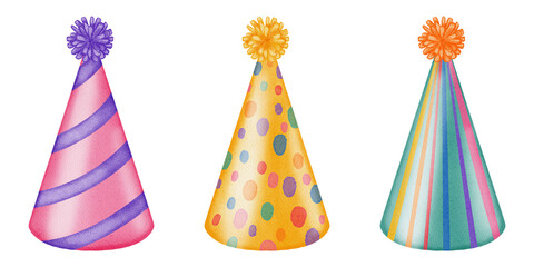 Hand drawn watercolor party hat with pompom isolated on white background. Festive birthday cone cap for children holiday celebration, birthdays, anniversaries, party invitations, cardmaking