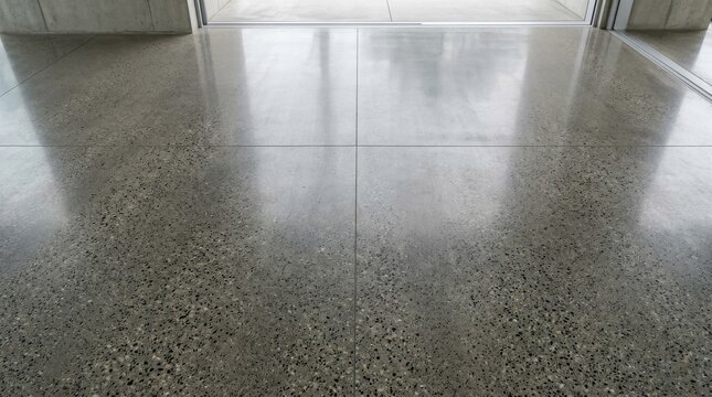 Polished concrete floor with reflective surface and stone texture.