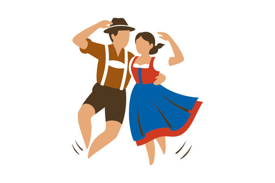Bavarian couple dancing in traditional dirndl and lederhosen outfit wearing brown and blue colors for oktoberfest celebrations and cultural heritage festival event.