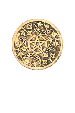 White magic old brass ornate pentagram symbol on white background. Wiccan witchcraft occult tool used in rituals and ceremonies. Not copyrighted.