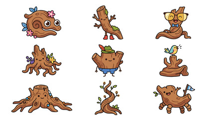Fototapeta premium Cute tree stump and log characters with forest-inspired details and accessories.