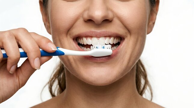 Happy woman brushing teeth to maintain a healthy smile, showing effective brushing teeth technique for daily oral hygiene and consistent brushing teeth habit for dental care.