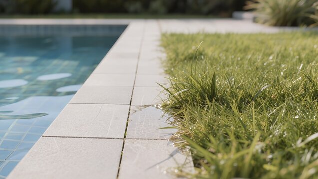Close-up of a modern swimming pool edge with stone coping tiles next to a green lawn in a backyard, highlighting pool installation, landscaping, and outdoor relaxation areas