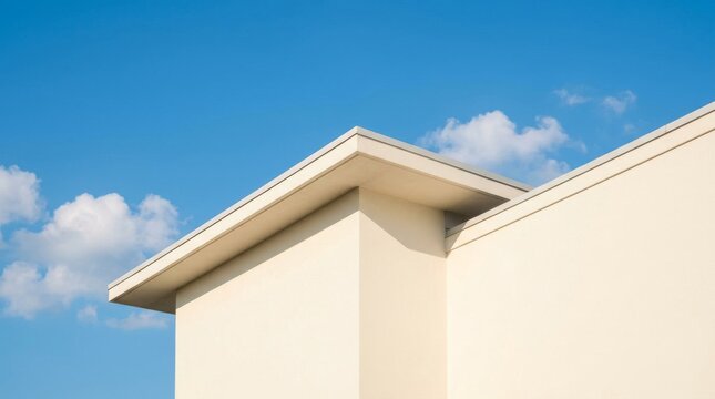 Minimalist modern architecture building exterior against a clear blue sky.