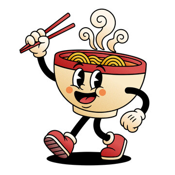 Cute Walking Ramen Bowl Mascot Holding Chopsticks Retro Pop Art Noodle Cartoon Character