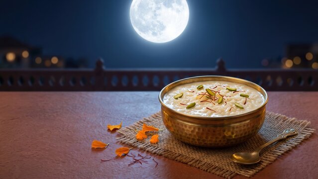 raditional kheer under full moon - Indian Kojagiri Purnima festival food.