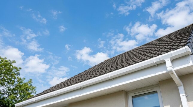 Close up of a residential house roof with new white plastic guttering against a blue sky.