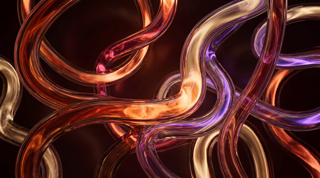 Tangled 3D glass tubes crossing in amber and violet