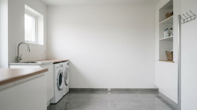 Minimalist White Laundry Room Interior with Modern Appliances.