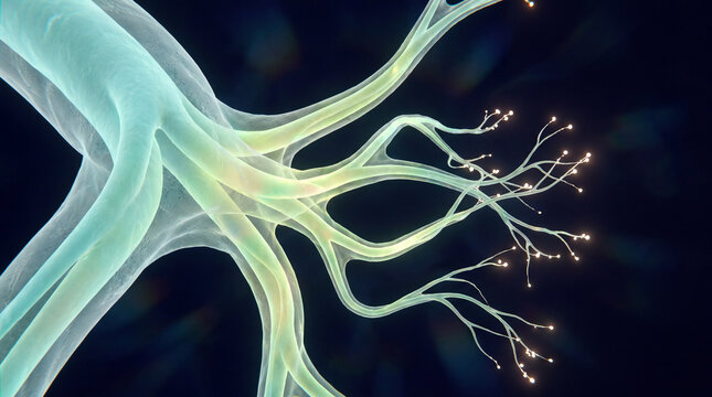 Translucent 3D dendrites branching into glowing orb tips