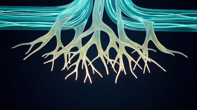 Hanging 3D roots dangling from a glowing teal trunk