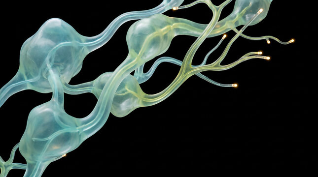 Chained 3D cell-like nodes connected by glowing branches