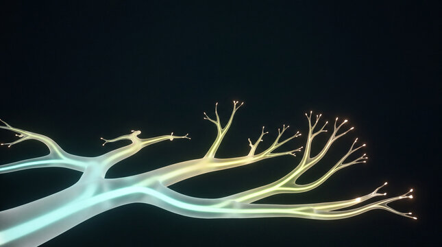 Bare 3D tree branches rendered with glowing twig tips