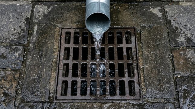 Rainwater flowing from metal downspout into storm drain grate.