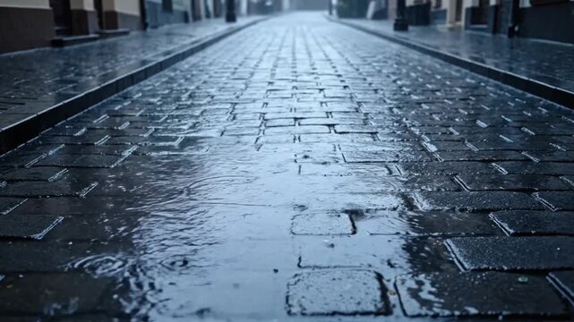 Rainy day on cobblestone street wet pavement water reflections urban atmospheric moody cinematic