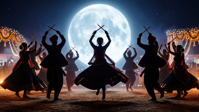 Sharad Purnima Garba Night poster with dandiya dancers - Indian festival banner.