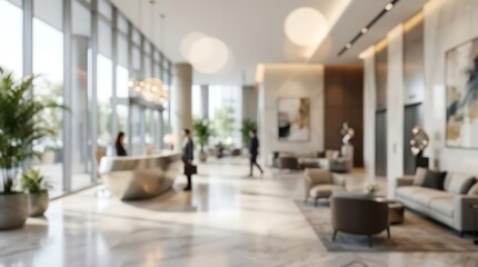 Fototapeta premium wide view of a blurred luxury hotel lobby, modern reception desk with guests, bright spacious lounge area with designer furniture and polished marble flooring.