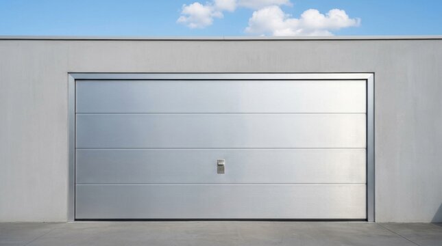 Modern silver garage door installed on a concrete wall.